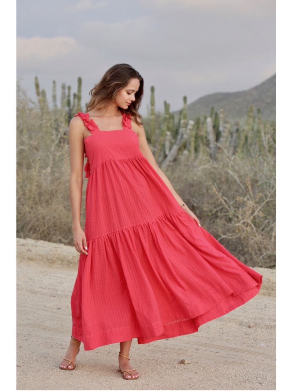 MIRTH Rio Dress Grenadine Red Cotton Tiered Maxi Size M